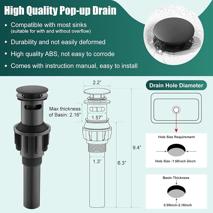 Heyalan Tall Vessel Sink Faucet, Single Handle 1-Hole,Matte Black | SUS304 stainless steel, 360° swivel spout, includes pop-up drain & hoses, deck mount 1-hole, tall design for vessel sink