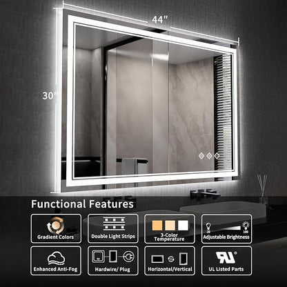 Bathroom Mirror, 44x30 Inch Gradient Front and Backlit Smart Mirror, 3 Colors Dimmable CRI>90 Double Lights, IP54 Enhanced Anti-Fog, Hanging Plates Wall Mount LED Mirror