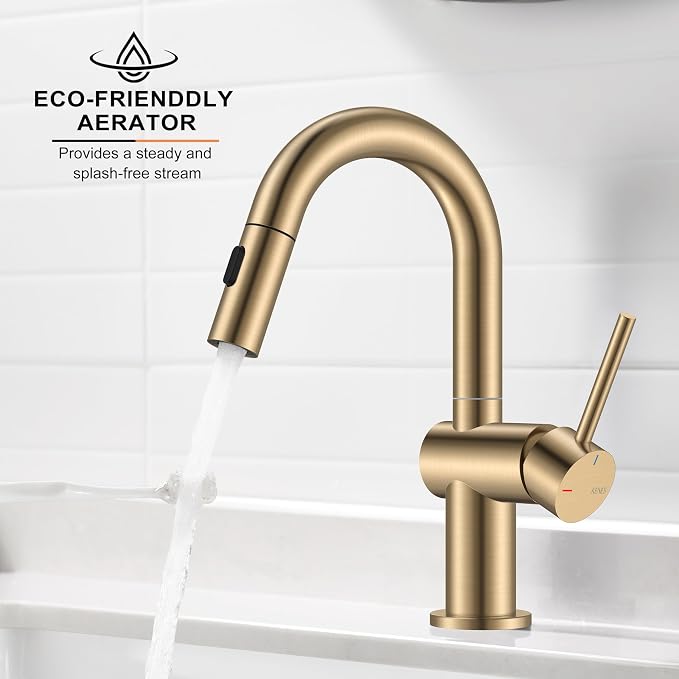 Champagne Bronze Pull Down Bathroom Faucet, 1 Handle Vanity Faucet | Bathroom Sink Faucet with Pop Up Drain & 6 Inch Deck Plate, Lead-Free cUPC & NSF Certified, 1 Hole Faucet for Vanity RV Bar