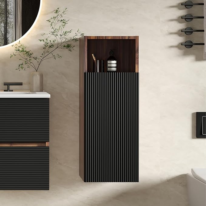 12" Floating Bathroom Storage Cabinet, Modern Wall Cabinets with Soft-Closing Door & Open Shelf, Bathroom Side Cabinet for Small Spaces, Apartment, Walnut+Black