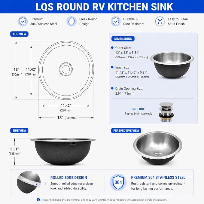 LQS 13 x 13 Inch RV Sink, Small Round Stainless Steel Drop-In Bar Sink | Small RV Bathroom Sink for Campers, Compact Camp Sink and Camping Sink with 5.31-Inch Deep Bowl and Drain Assembly