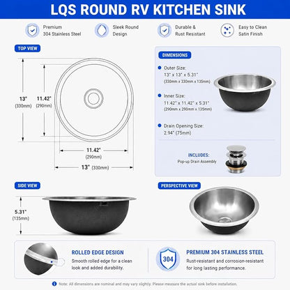 LQS 13 x 13 Inch RV Sink, Small Round Stainless Steel Drop-In Bar Sink | Small RV Bathroom Sink for Campers, Compact Camp Sink and Camping Sink with 5.31-Inch Deep Bowl and Drain Assembly