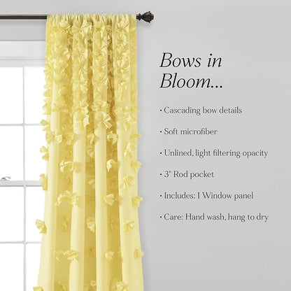Lush Decor Riley Light Filtering Window Curtain Panel, Single 54" W x 84" L, Yellow - Cute Yellow Curtains for Bedroom - Bow Decor - Coquette Curtains for Windows