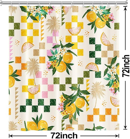 Yellow Lemon Shower Curtain with Hooks for Bathroom 72x72 Inch | Waterproof Summer Green and Pink Citru Fruits Shower Curtain Set, Soft Bathroom Decor, Machine Washable