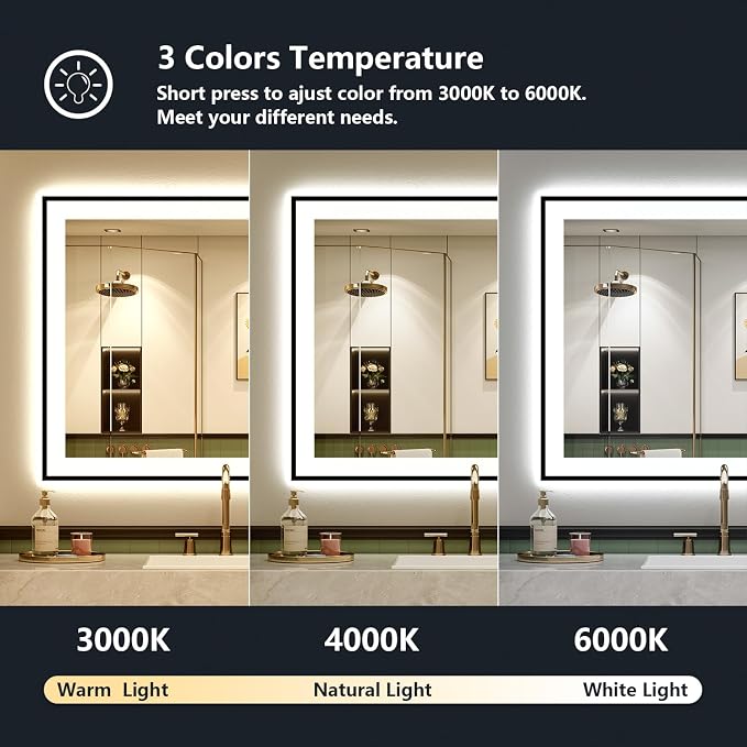 24x30 LED Bathroom Mirror with Lights, Black Framed Lighted Mirror | Backlit and Front Light, Anti-Fog, 3 Color Dimmable, Memory, Tempered Glass, IP54 Waterproof, UL Listed