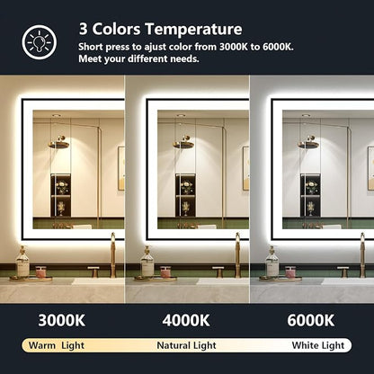 24x30 LED Bathroom Mirror with Lights, Black Framed Lighted Mirror | Backlit and Front Light, Anti-Fog, 3 Color Dimmable, Memory, Tempered Glass, IP54 Waterproof, UL Listed