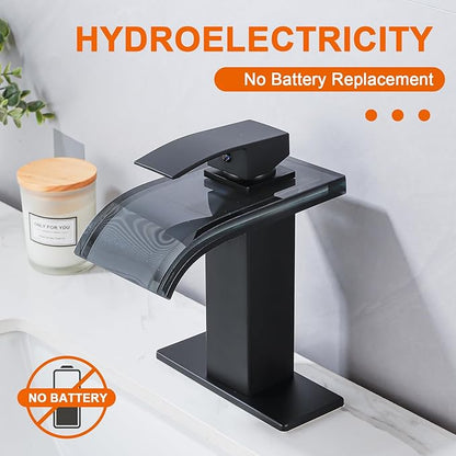 LED Bathroom Sink Faucet, Matte Black Waterfall Single Handle Vanity Faucets for Sinks 1 Hole Wide Glass Spout with Pop Up Drain with Overflow