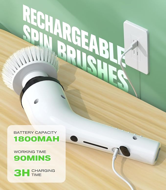 Electric Spin Scrubber, 3-Speed Flat End Brush with 8 Brush Heads & Base, Adjustable Long Handle, Digital Display, 2500mAh Fast Charging, for Bathroom, Tub, Tile, Floor（White