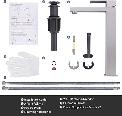 ARCORA Vessel Sink Faucet Brushed Nickel, Single Handle Tall Bathroom Faucet, Single Hole Lavatory Vanity Mixer Tap with Pop Up Drain and Supply Lines