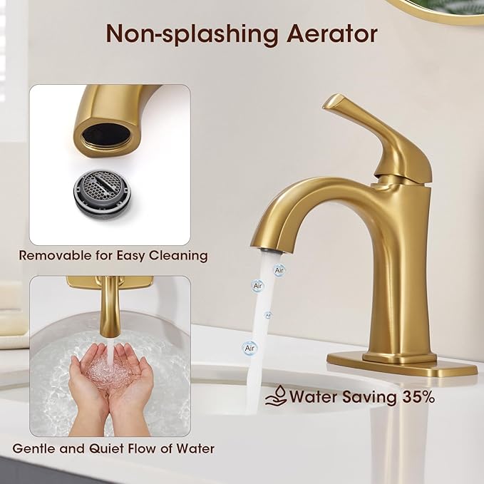 Brushed Gold Single Hole Bath Room Faucets,Brushed Gold Bathroom Faucet,Single Handle Brass Sink Faucet Bathroom for 1 or 3 Holes,with Pop Up Drain Supply Hose for Vanity,Lavatory RV Farmhouse