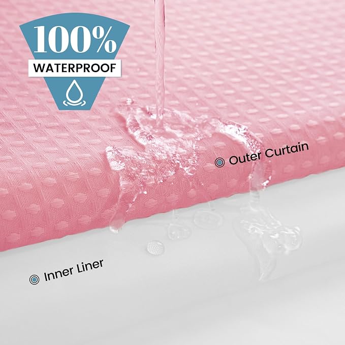 SORTTO No Hook Shower Curtain with Snap in Liner Set Waffle Shower Curtain for Bathroom Hotel Style Fabric Waterproof Inner Liner，71" W x 74" H, Pink