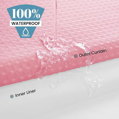 SORTTO No Hook Shower Curtain with Snap in Liner Set Waffle Shower Curtain for Bathroom Hotel Style Fabric Waterproof Inner Liner，71" W x 74" H, Pink