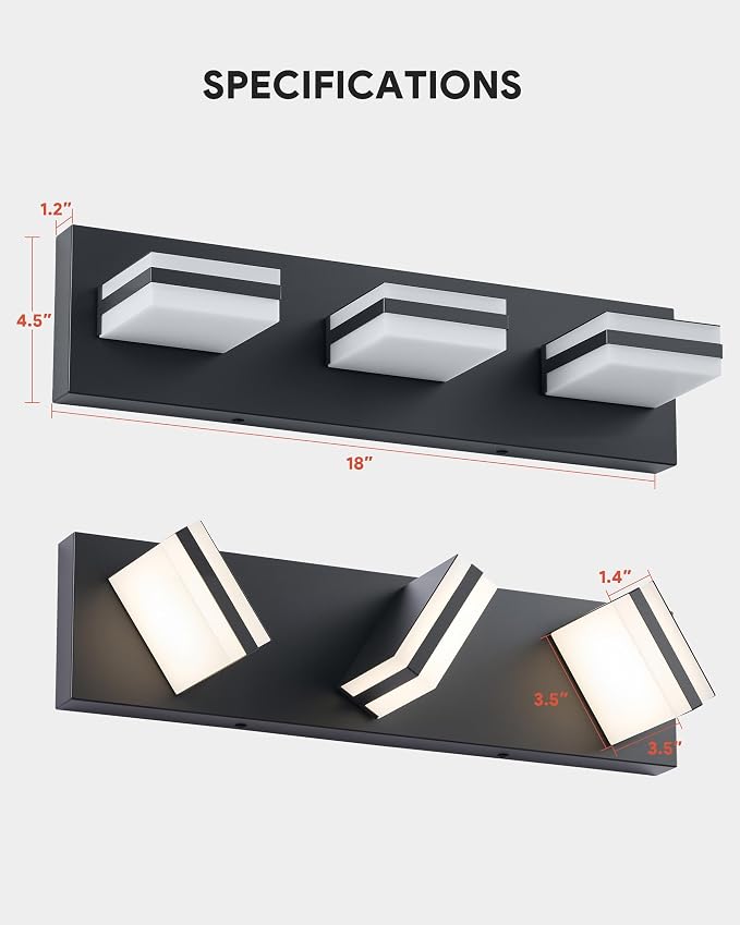 VONLUCE LED Modern Bathroom Vanity Light Fixture, Matte Black | 18'', 3-Light, 3CCT, 360° Rotate, High CRI, Flicker-free, Dimmable, Memory Function, Waterproof IP44, Easy Installation