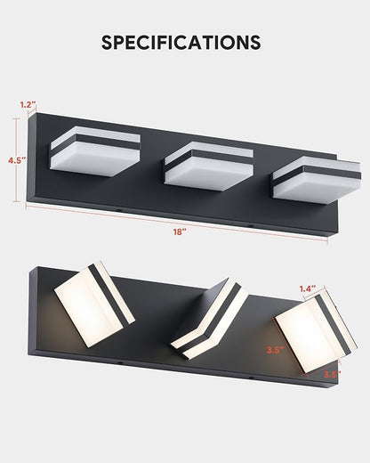 VONLUCE LED Modern Bathroom Vanity Light Fixture, Matte Black | 18'', 3-Light, 3CCT, 360° Rotate, High CRI, Flicker-free, Dimmable, Memory Function, Waterproof IP44, Easy Installation
