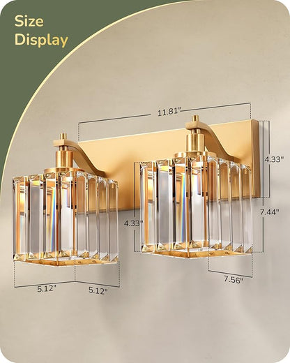 EDISHINE 2-Light Gold Bathroom Vanity Light, E26 Base, Crystal Wall Sconce | Up Down Mounting, Brass Frame, Modern Style Fits Over Bathroom Mirror & Makeup Space