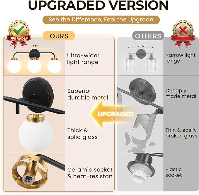 Modern Black and Gold Vanity Lights for Bathroom, Mid Century 3 Light Bathroom Vanity Light with Globe Milky White Glass Shade Over Mirror, Black and Gold Wall Sconce for Bathroom Hallway Living Room