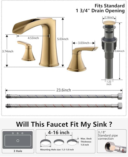 Fapully Brushed Gold Bathroom Faucet 3 Hole, Waterfall 8 Inch Widespread Bathroom Sink Faucet with Pop-up Drain, Two-Handle Faucet for Bathroom Sink