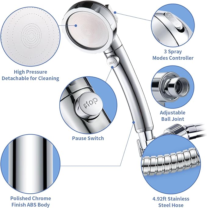 SINGSUO High Pressure Handheld Shower Head with On Off Switch (Chrome) | Detachable Shower Head, 3 Spray Modes Shower Massager Handheld with Hose and Adjustable Angle Bracket