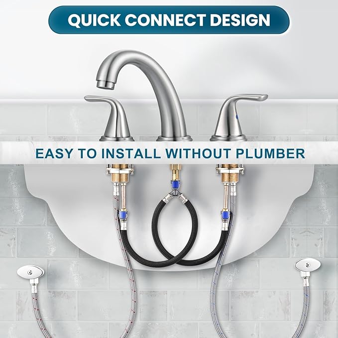 Bathroom Sink Faucet 3 Holes Brushed Nickel, ALEASHA Widespread Bathroom Faucet, Washroom Sink Faucets with 304 Stainless Steel Lead-Free Hose, Pop Up Drain with Overflow for RV Restroom Vanity Camper