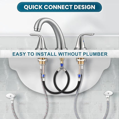 Bathroom Sink Faucet 3 Holes Brushed Nickel, ALEASHA Widespread Bathroom Faucet, Washroom Sink Faucets with 304 Stainless Steel Lead-Free Hose, Pop Up Drain with Overflow for RV Restroom Vanity Camper