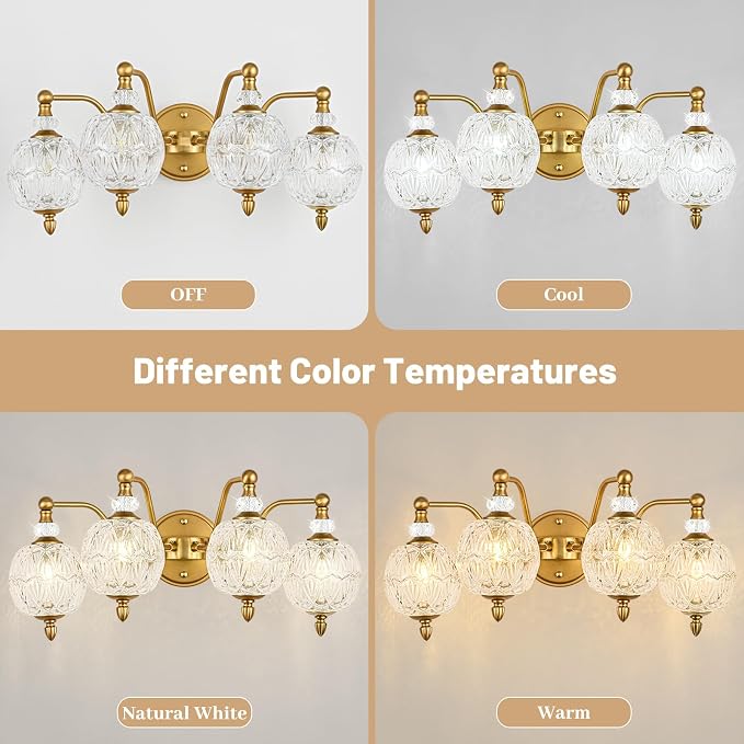 Vintage Bathroom Vanity Light, 4-Light Mid Century Matte Brass Finish Wall Sconce with Globe Glass Shades, Retro Mirror Light for Bathroom, Powder Room