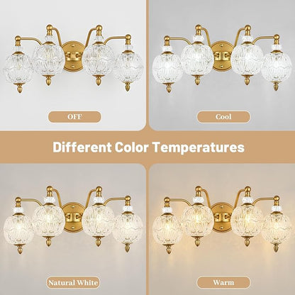 Vintage Bathroom Vanity Light, 4-Light Mid Century Matte Brass Finish Wall Sconce with Globe Glass Shades, Retro Mirror Light for Bathroom, Powder Room