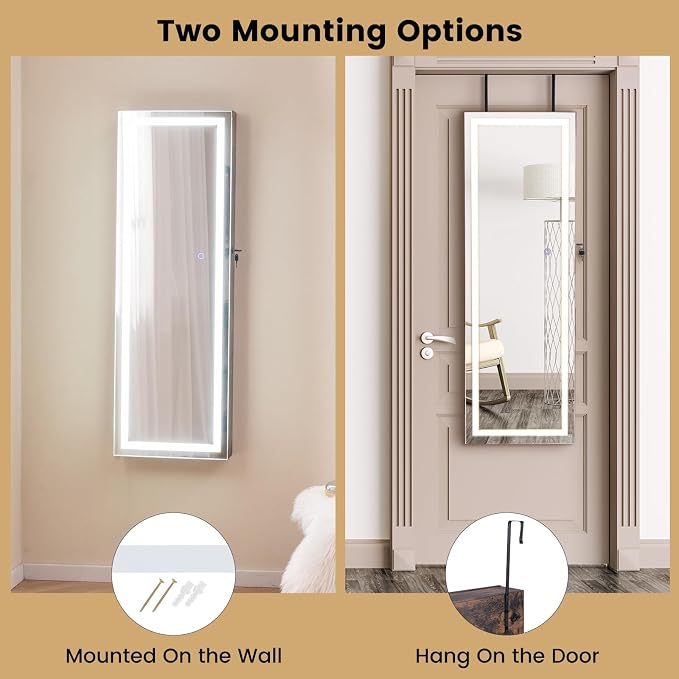 CHARMAID LED Mirror Jewelry Cabinet, 47.2'' Jewelry Armoire with Adjustable Lighted Full Length Mirror, Wall Mounted or Door Hanging, Lockable Jewelry Organizer Storage (Rustic Brown, 47.2''H)