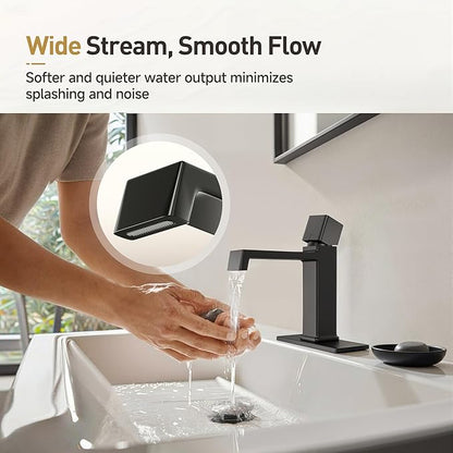 Modern Single Hole Bathroom Faucet | 7.4" Matte Black Luxury Single Handle Bathroom Faucet with Solid Brass Body, Spot-Free Finish & Anti-Splash | 1 or 3 Hole | Geometric Square Design