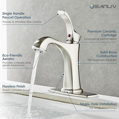 Brushed Nickel Bathroom Faucet, Sanliv Single Handle Centerset Bathroom Sink Faucet with Pop-Up Drain & Deck Plate for 1 or 3-Hole (4 inch) Installation, Modern Farmhouse Vanity Faucet Brushed Nickel