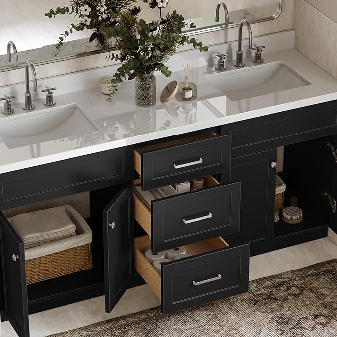 ARIEL Hamlet 72-inch Bathroom Vanity with Sink,Solid Wood, 1.5-inch Pure White Quartz Countertop & Backsplash, Double Rectangular Porcelain Sink, 4 Soft Closing Doors, 3 Dovetail Drawers, Black