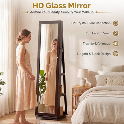 Bonnlo 360° Swivel Jewelry Mirror Cabinet with Inside Makeup Mirror,Full Length Mirror with Jewelry Storage, Lockable Standing Jewelry Armoire Organizer, Espejo Oon Almacenamiento for Bedroom,Brown