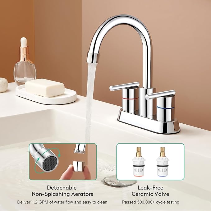 Faustina Polished Chrome Bathroom Faucet, 4 Inch Centerset Bathroom Faucet for Sink 2 Holes 3 Holes，Two Handles 304 Stainless Steel Faucet with Pup up Drain and 2 Water Supply Lines for RV Vanity