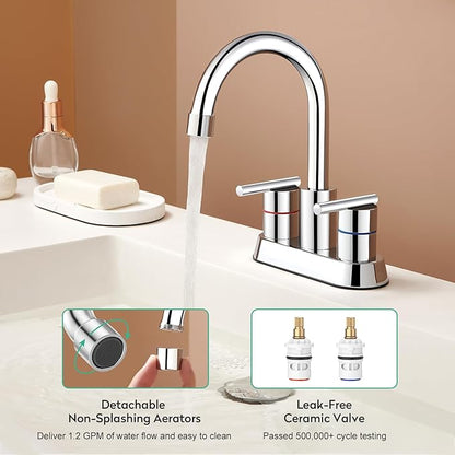 Faustina Polished Chrome Bathroom Faucet, 4 Inch Centerset Bathroom Faucet for Sink 2 Holes 3 Holes，Two Handles 304 Stainless Steel Faucet with Pup up Drain and 2 Water Supply Lines for RV Vanity