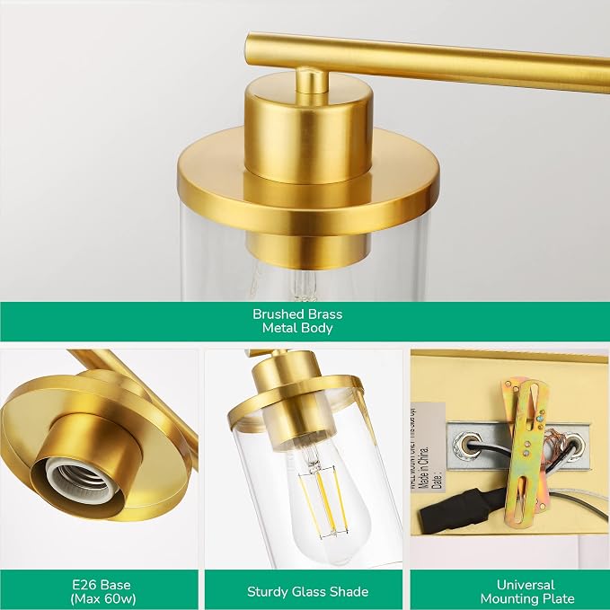 EDISHINE 2-Light Gold Vanity Lights Over Mirror, Modern Wall Sconces, E26 | Clear Glass Shades, Metal Frame with Brushed Brass Finish, Ideal for Powder Room, Vanity Table, Kitchen