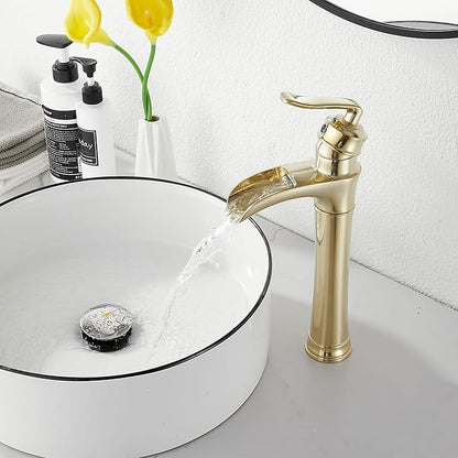 Brushed Gold Bathroom Faucet GGStudy Waterfall Bathroom Faucet Single Handle One Hole Tall Body Farmhouse Bathroom Vessel Sink Faucet Vanity Faucet Matching with Pop Up Drain