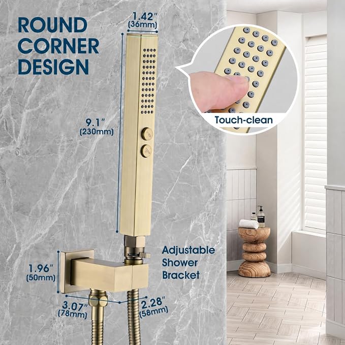 All-Metal High Pressure Square Handheld Shower Head with Jet Spray and Rainfall Modes, Volume Control Regulator, ON/OFF Switch, Hose and Wall Mounted Adjustable Bracket (Brushed Gold)