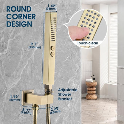 All-Metal High Pressure Square Handheld Shower Head with Jet Spray and Rainfall Modes, Volume Control Regulator, ON/OFF Switch, Hose and Wall Mounted Adjustable Bracket (Brushed Gold)