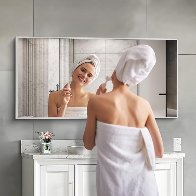 48x24In Silver Bathroom Mirror for Wall, Brushed Nickel Rectangle Mirrors with Metal Frame, Bathroom Rectangular Mirror Modern Wall Mirror for Bedroom Living Room, Hangs Horizontal or Vertical