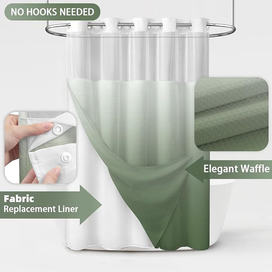 No Hook Shower Curtain with Liner Set Hotel Waffle Ombre Green 72W X 75L | Washable Snap in Fabric Liner, Mesh Top Window, Waffle Hotel Style Shower Curtain Set
