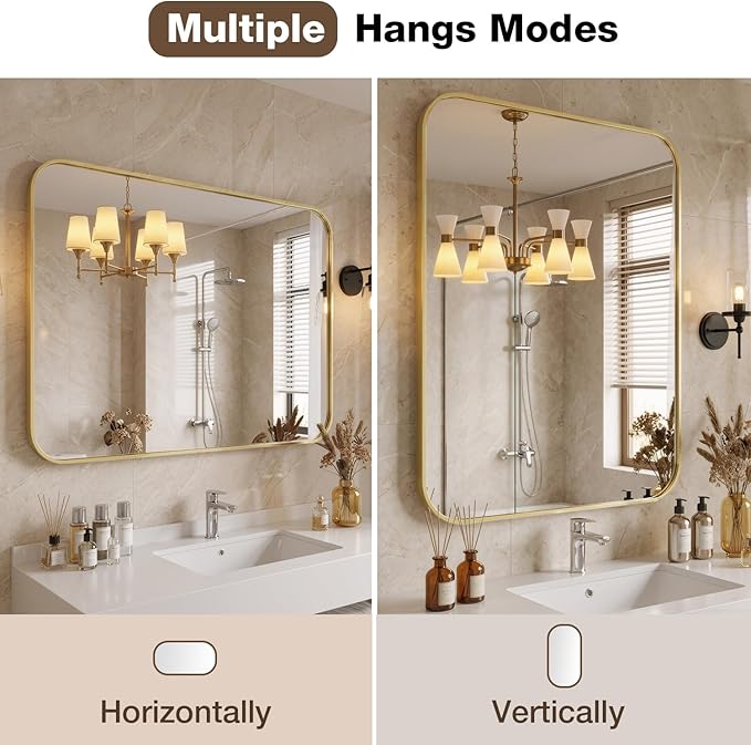 24"x32" Bathroom Mirror for Over Sink, Brushed Gold Rectangle Vanity Mirror | Aluminum Alloy Frame, Clear Reflection, Rust-Resistant, Vertical or Horizontal, Wall Mount, Bedroom and Entryway