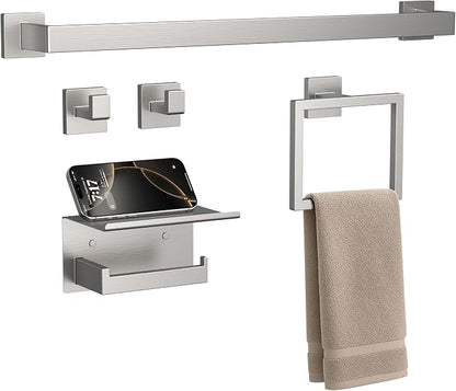 5-Piece Brushed Nickel Bathroom Accessories Set, 23.6 Inch Bathroom Hardware Set, Stainless Steel Bath Towel Bar Set, Toilet Paper Holder with Shelf, Towel Hooks, Towel Ring Wall Mounted