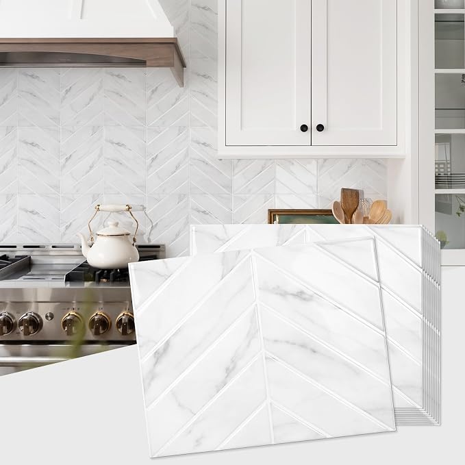 STICKGOO Herringbone Peel and Stick Backsplash, White Marble, 10 Sheets | 12.6 x 9.7 in, Thicker Rectangular Vinyl Stick-On Wall Tiles, Easy Alignment, Waterproof, Easy to Clean, Kitchen/Bathroom