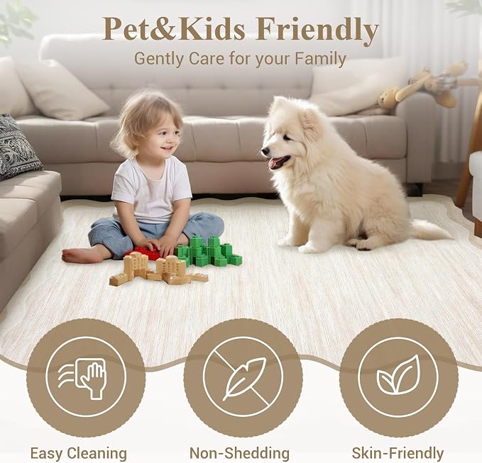 Garvee Scalloped Area Rug 9x12 Large Washable Rug for Living Room Cream | Girls Rug for Bedroom, Non-Slip Soft Carpet for Bedroom, Scalloped Low-Pile Print Accent Rug for Dining Room Home Office