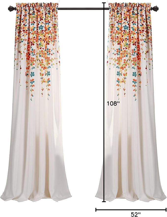 Lush Decor Weeping Flower Light Filtering Window Curtain Panels, Pair, 52"W x 108"L + 2" Header, Turquoise & Tangerine - Charming Modern Floral Curtains for Living Room, Dining Room, & Bedroom