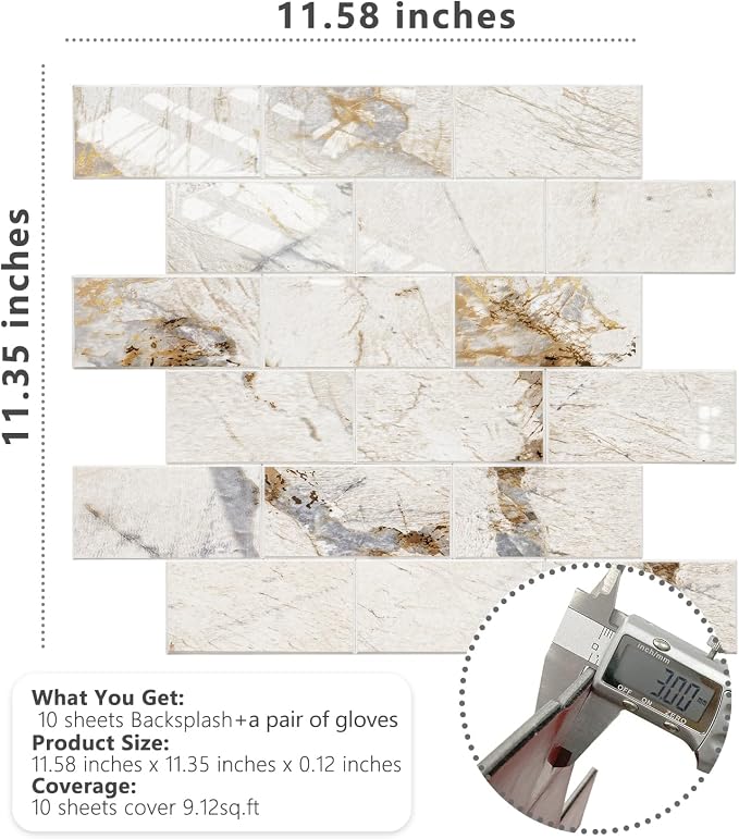 STICKGOO 10-Sheets Peel and Stick Backsplash, Glossy Pandora | Marble Look Kitchen Backsplash Wall Tiles, PVC Peel and Stick Wall Panels for Bathroom, Fireplace, RV