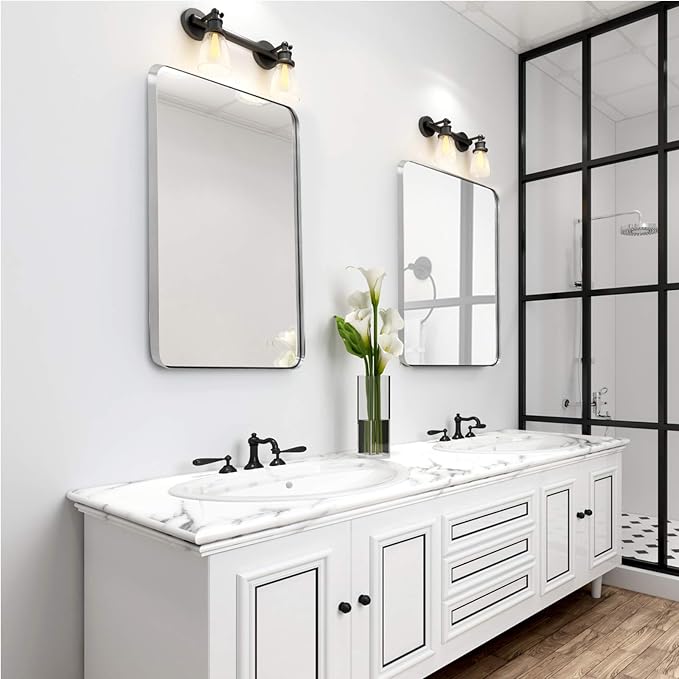 Brushed Nickel Mirror for Bathroom, 22"x30" Silver Metal Frame Wall Mirror, Rectangular Stainless Steel Rounded Corner