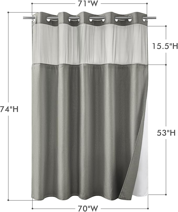 No Hook Gray Shower Curtain with Snap-in Fabric Liner 71x74 | Embossed Waffle-Look Textured, Sheer Window, Soft & Lightweight, Water Repellent Fabric Shower Curtain for Bathroom