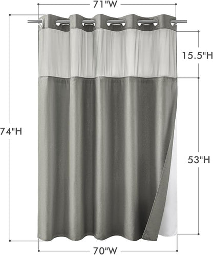 No Hook Gray Shower Curtain with Snap-in Fabric Liner 71x74 | Embossed Waffle-Look Textured, Sheer Window, Soft & Lightweight, Water Repellent Fabric Shower Curtain for Bathroom
