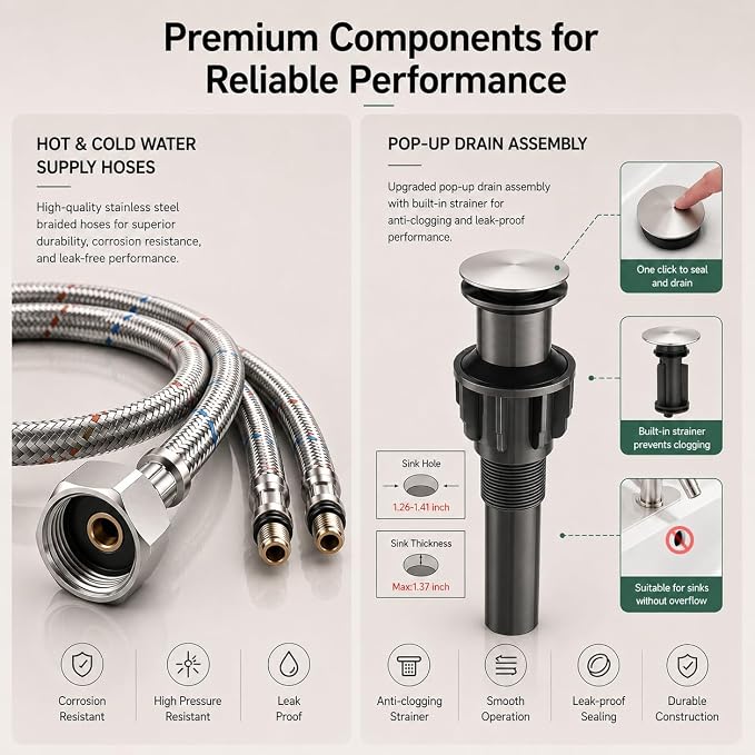 VOTON Vessel Sink Faucet Brushed Nickel Modern Tall Waterfall Bathroom Sink Faucet with Pop-Up Drain Single Handle Bathroom Faucet 1 Hole Bowl Lavatory Vanity Faucet, Rv Sink Camper Farmhouse Faucet