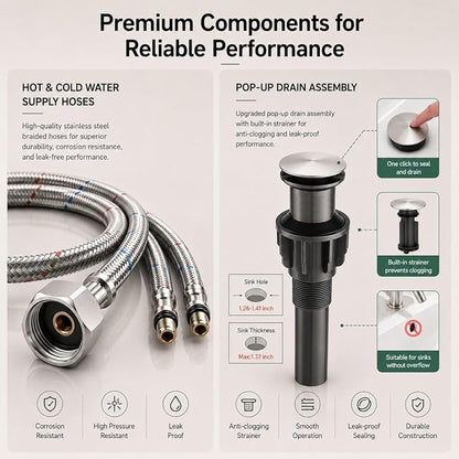 VOTON Vessel Sink Faucet Brushed Nickel Modern Tall Waterfall Bathroom Sink Faucet with Pop-Up Drain Single Handle Bathroom Faucet 1 Hole Bowl Lavatory Vanity Faucet, Rv Sink Camper Farmhouse Faucet